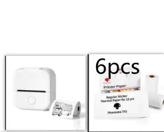 Portable Mini Thermal Label Printer with six rolls of thermal printing paper for easy label creation.