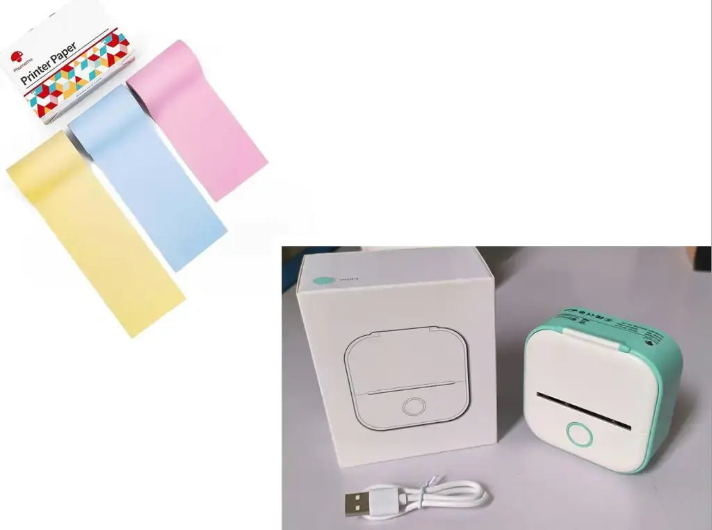 Portable Mini Thermal Label Printer with various colored printer paper and USB cable for easy connectivity.