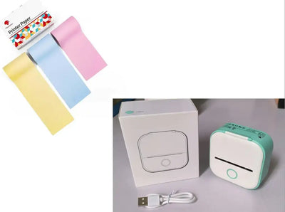 Portable Mini Thermal Label Printer with various colored printer paper and USB cable for easy connectivity.