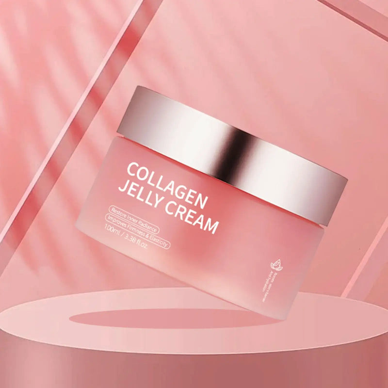 Collagen Jelly Face Cream in a pink jar, featuring a lightweight formula to nourish and hydrate skin.