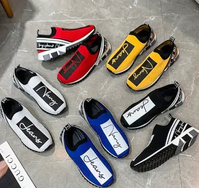 Variety of breathable woven sneakers in different colors and styles, perfect for couples looking for matching footwear.