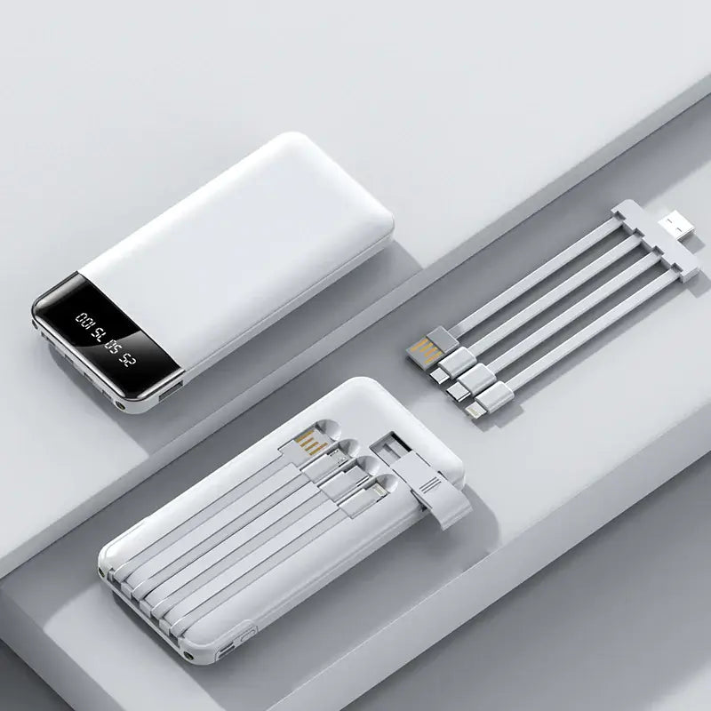 20000mAh Power Bank with integrated charging cables, designed for reliable and portable charging on the go.