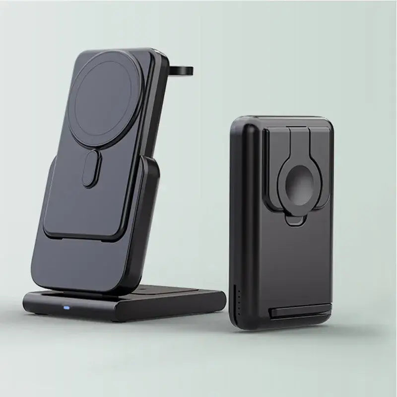 Magnetic Power Bank and wireless charging dock in sleek black design, showcasing fast and convenient charging solutions.