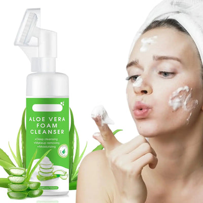 BYOTOUTY Aloe Vera Face Wash with Brush and foam cleanser bottle used for skincare routine.