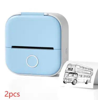 Portable Mini Thermal Label Printer in light blue, printing a label of a bus illustration.