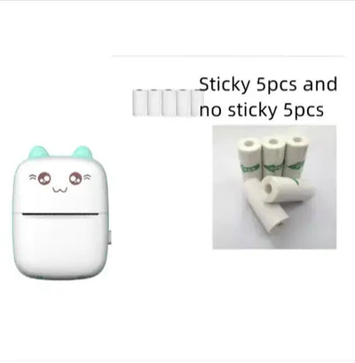 Portable Mini Bluetooth Printer with sticky and non-sticky paper rolls for versatile printing.