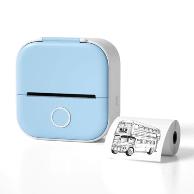 Portable Mini Thermal Label Printer in blue with a label output featuring a double-decker bus design.