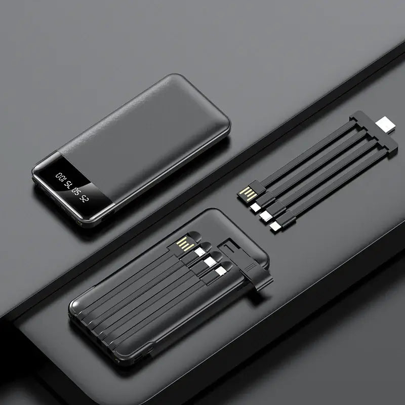 20000mAh Power Bank with integrated charging cables on a sleek black surface
