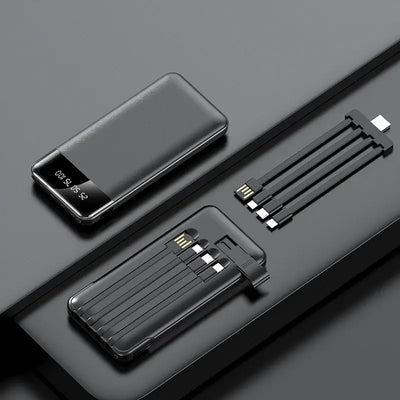 20000mAh Power Bank with integrated charging cables on a sleek black surface