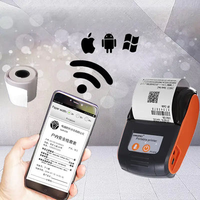 Portable Mini Bluetooth Receipt Printer showing compatibility with iOS, Android, and Windows devices, along with receipt printing.