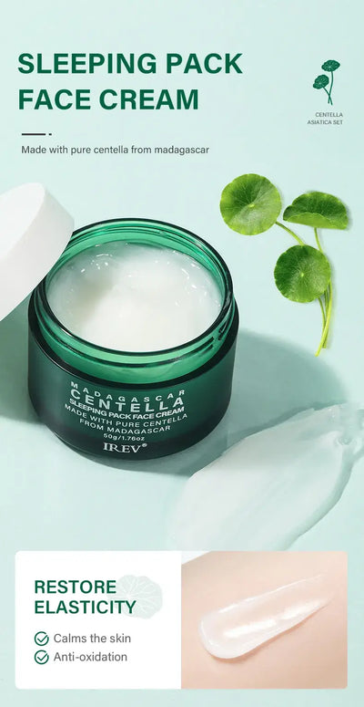 Centella Asiatica Extract Natural Facial Skin Care in a sleeping pack face cream jar with a lid off.