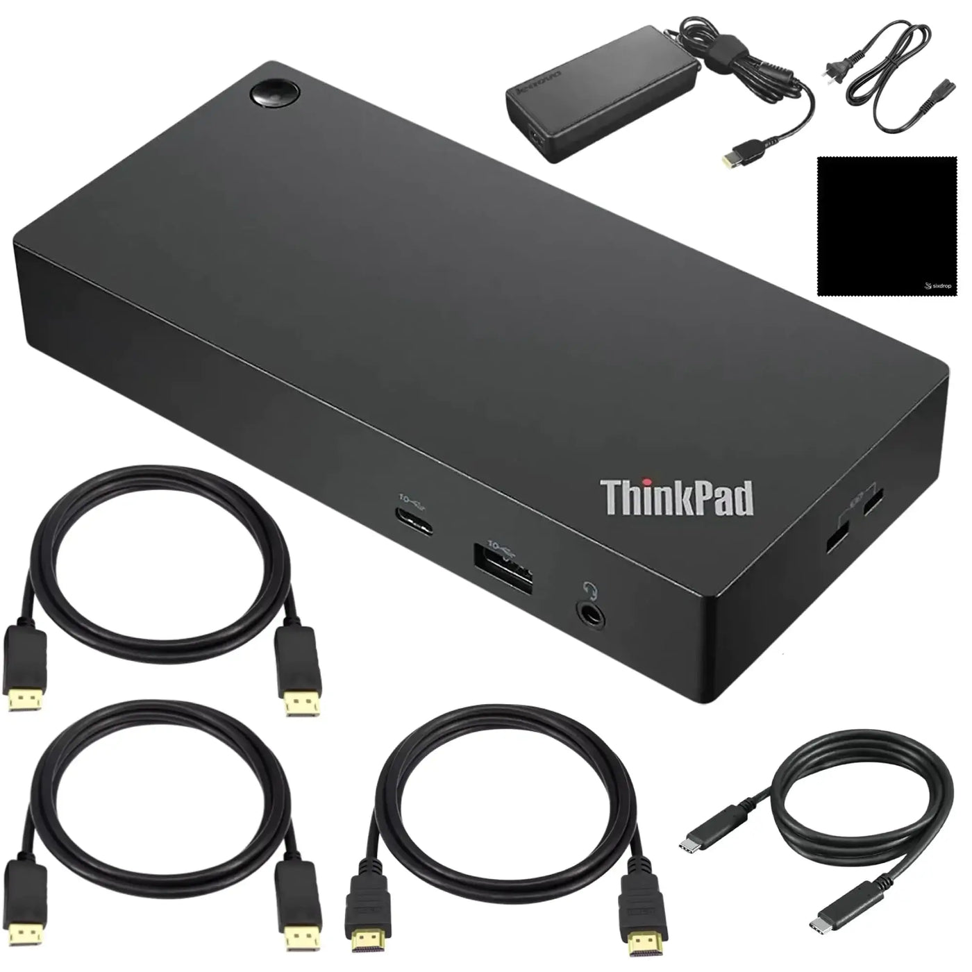 Lenovo ThinkPad Docking Station with power adapter and multiple connection cables for enhanced productivity.