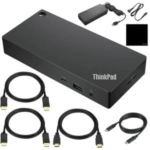 Lenovo ThinkPad Docking Station with power adapter and multiple connection cables for enhanced productivity.