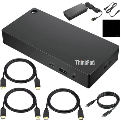 Lenovo ThinkPad Docking Station with power adapter and multiple connection cables for enhanced productivity.