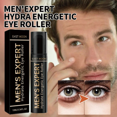 Men's Expert Hydrate Energetic Eye Roller packaging and application by a young man for dark circles and puffiness.