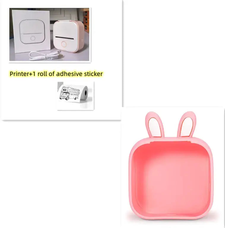 Portable Mini Thermal Label Printer with adhesive sticker roll and cute bunny-shaped container