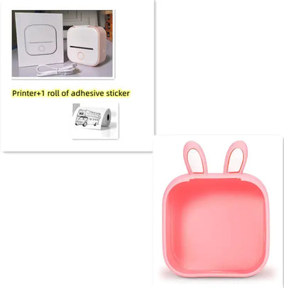 Portable Mini Thermal Label Printer with adhesive sticker roll and cute bunny-shaped container