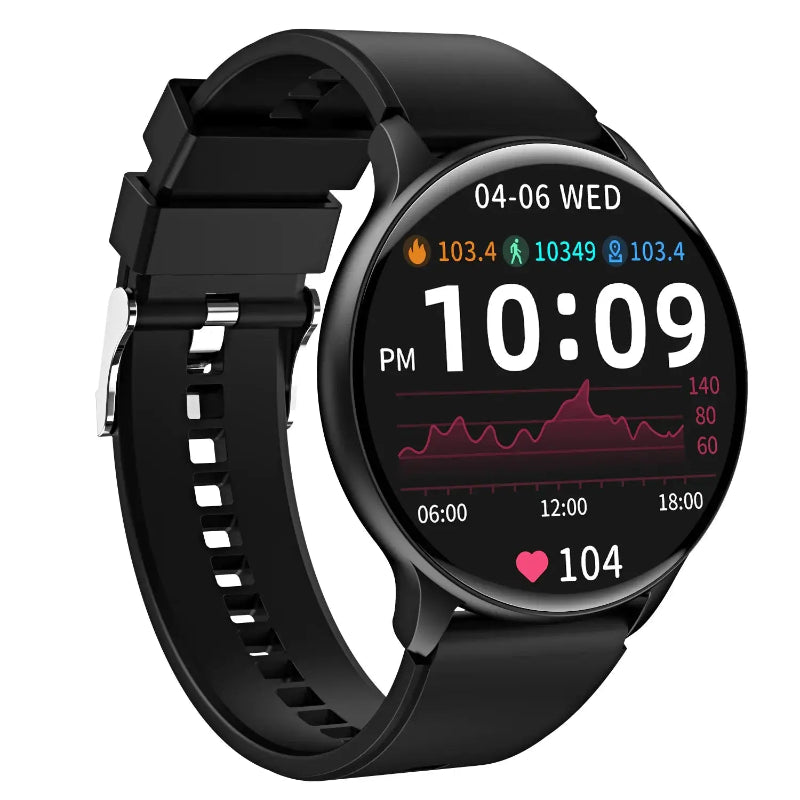 SmartWatch displaying time and health metrics with a sleek black design.