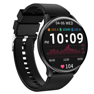 SmartWatch displaying time and health metrics with a sleek black design.
