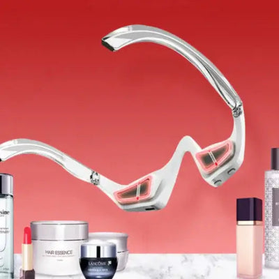 Beauty Eye Massage for Dark Circles glasses with skincare products to combat dark circles and puffiness.
