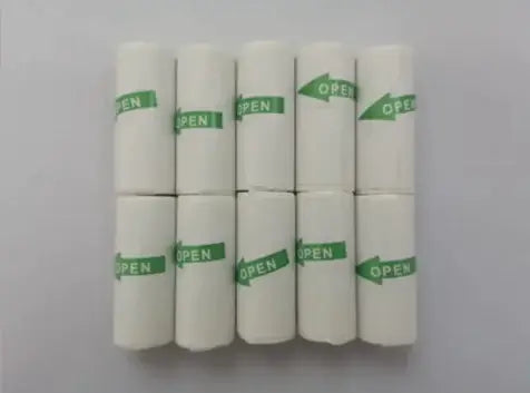 Portable Mini Bluetooth Printer paper rolls stacked with green 'OPEN' labels for easy access.