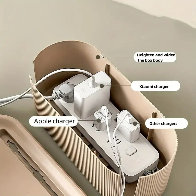 Cable Management Box organizing various chargers including Apple and Xiaomi for a tidy workspace.