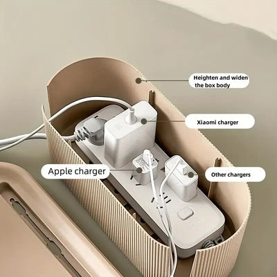 Cable Management Box organizing various chargers including Apple and Xiaomi for a tidy workspace.