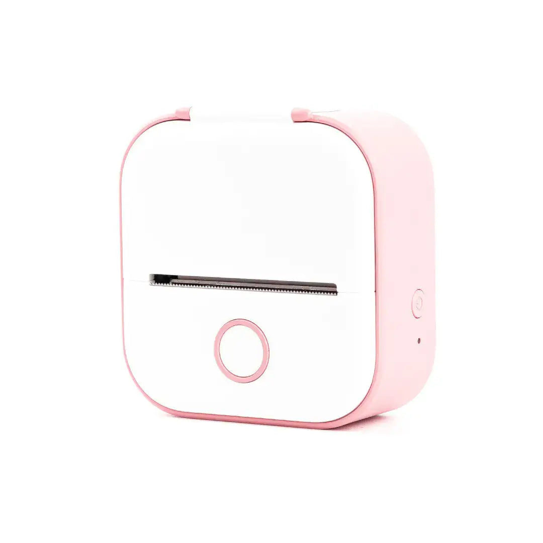 Portable Mini Thermal Label Printer in pink and white color, compact design for easy transport and use.