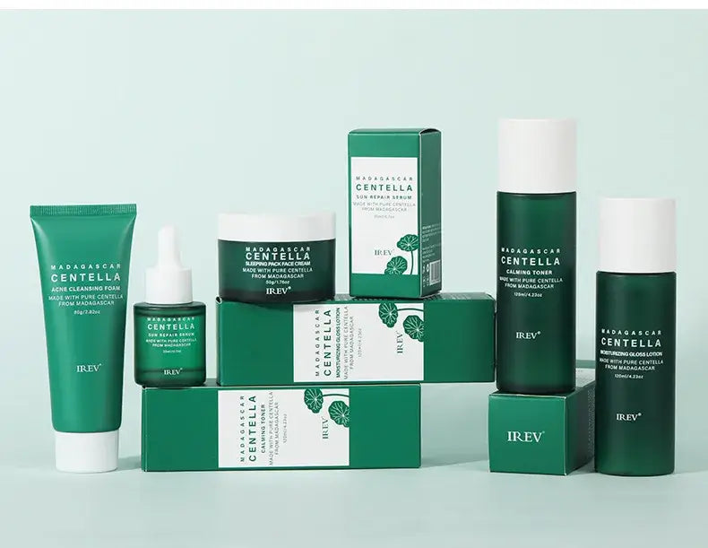 Centella Asiatica Extract Natural Facial Skin Care products in green packaging on a light background.