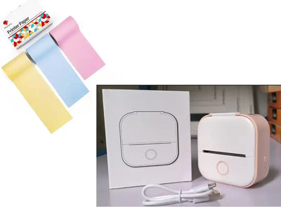 Portable Mini Thermal Label Printer with colorful label rolls and charging cable