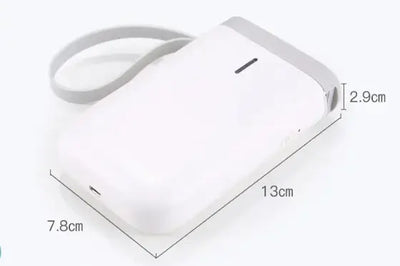 Bluetooth Label Printer dimensions showing a compact design of 13cm x 7.8cm x 2.9cm with a strap for portability.