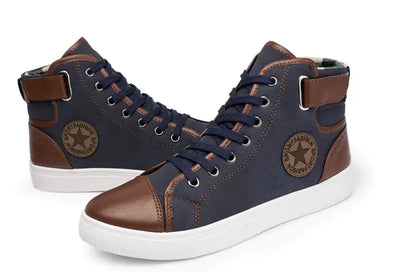 Casual Fashion High-Top Men's Sneakers in navy with brown accents, perfect for stylish and comfortable everyday wear.
