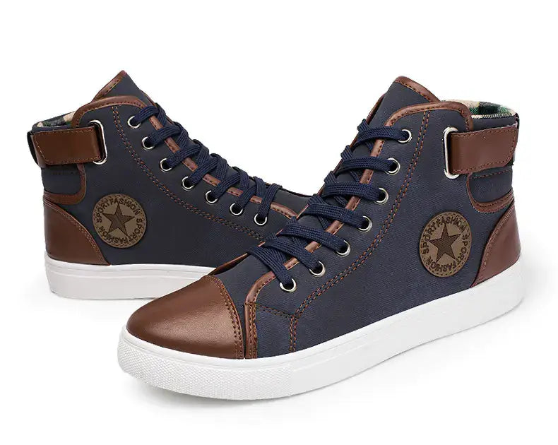 Casual Fashion High-Top Men's Sneakers in navy and brown with trendy design and stylish details.