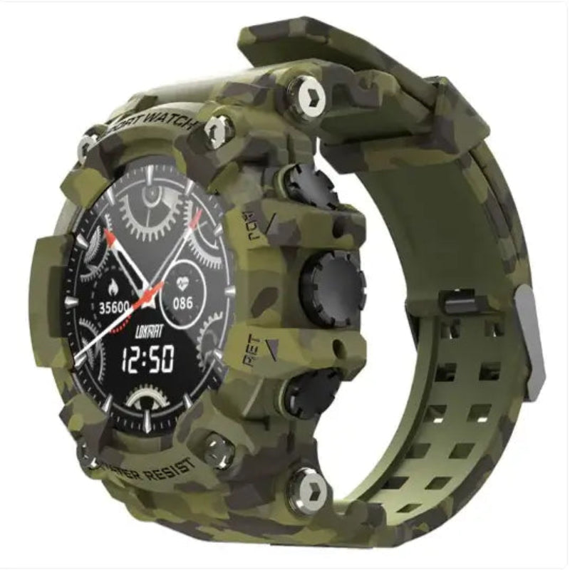 FitTrack Pro Smartwatch in a camouflage design for health tracking and connectivity.