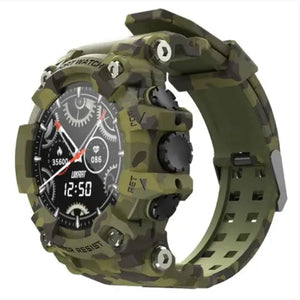 FitTrack Pro Smartwatch in a camouflage design for health tracking and connectivity.
