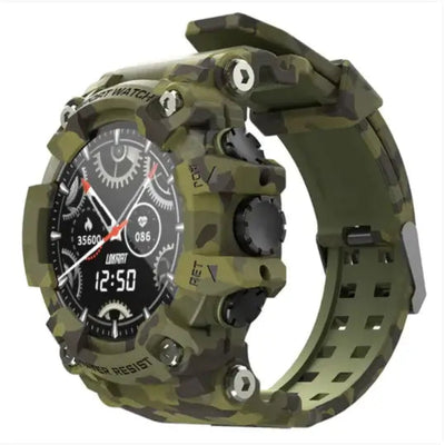 FitTrack Pro Smartwatch in a camouflage design for health tracking and connectivity.