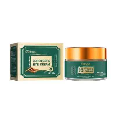 Cordyceps Eye Cream product packaging and jar displayed together, showcasing natural eye care benefits.