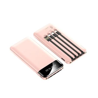 20000mAh Power Bank in pink color with integrated cables and LED display, ideal for portable charging on the go.