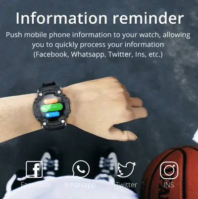 FitTrack Pro Smartwatch displaying notifications for Facebook, WhatsApp, Twitter, and Instagram with a basketball in the background.