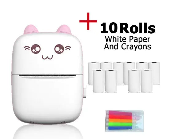Portable Mini Bluetooth Printer with 10 rolls of white paper and crayons in a cute design.