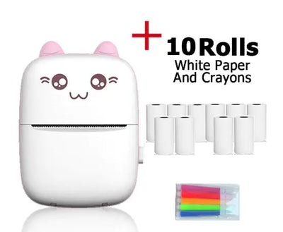 Portable Mini Bluetooth Printer with 10 rolls of white paper and crayons in a cute design.