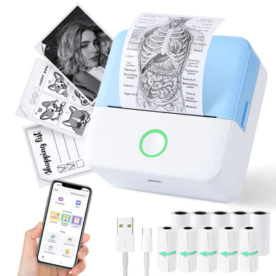 Thermal Mini Printer Portable Inkless Sticker Maker printing various designs with smartphone and refill rolls beside.