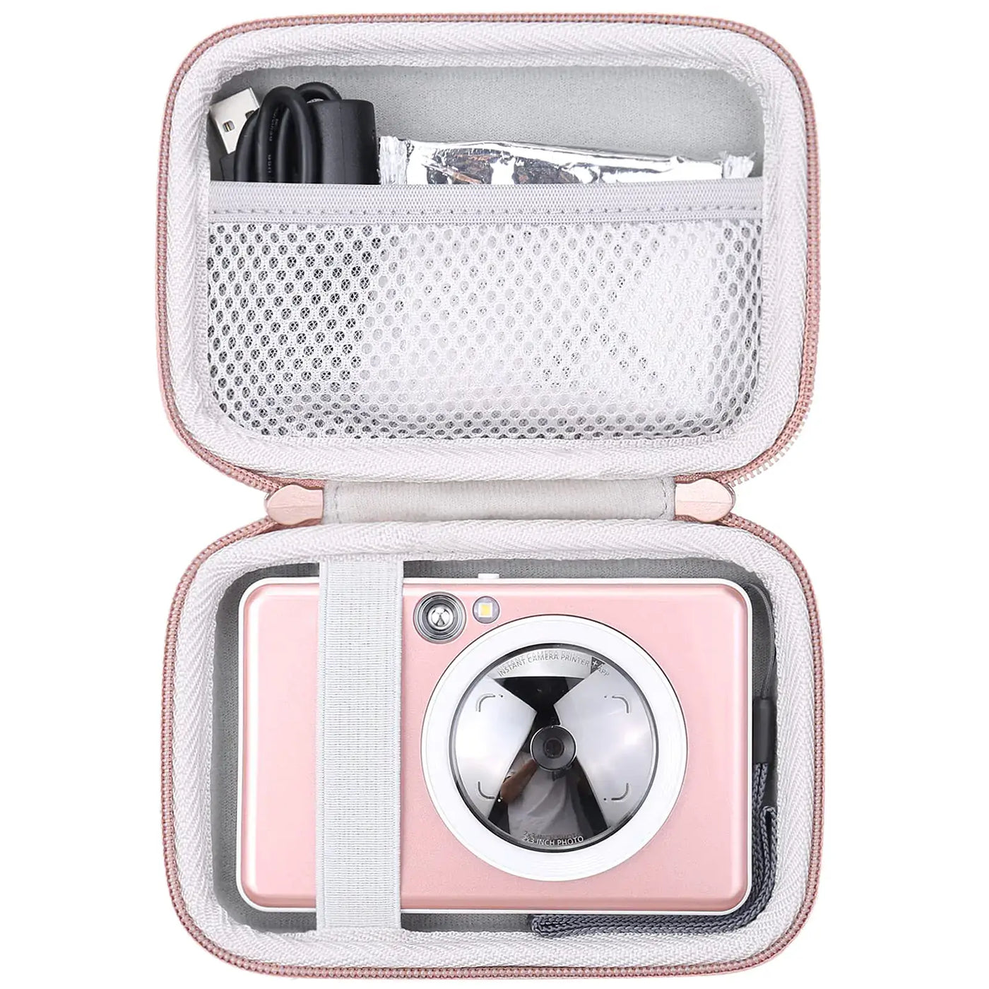 Wireless Bluetooth Photo Printer in rose gold case with accessories inside a stylish protective pouch.