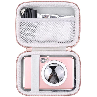 Wireless Bluetooth Photo Printer in rose gold case with accessories inside a stylish protective pouch.