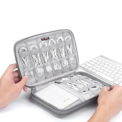 Solid Color Polyester Storage Bag for Cables & Earphones, compact organizer with multiple compartments.