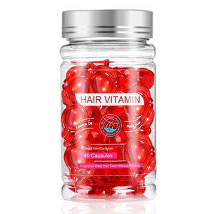 Hair vitamin capsules in a clear bottle for nourishing hair, promoting strength and shine.