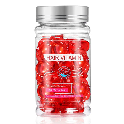 Hair vitamin capsules in a clear bottle for nourishing hair, promoting strength and shine.