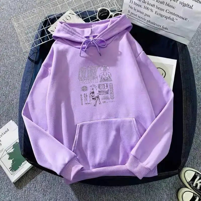 Thickened Velvet Loose Hoodies in lavender with graphic design, relaxed fit for casual and comfortable wear.