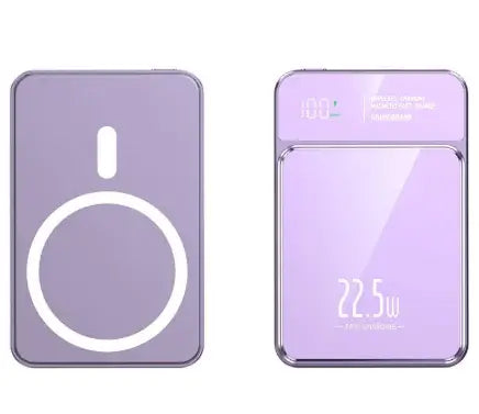 Wireless Power Bank 5000mAh in purple with fast charging capabilities and slim design.