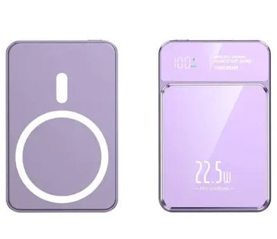 Wireless Power Bank 5000mAh in purple with fast charging capabilities and slim design.